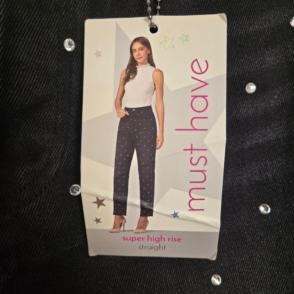 Simple Society Black Rhinestone Straight Denim Jeans Size 9/29 Glam Y2K Party - Picture 10 of 12